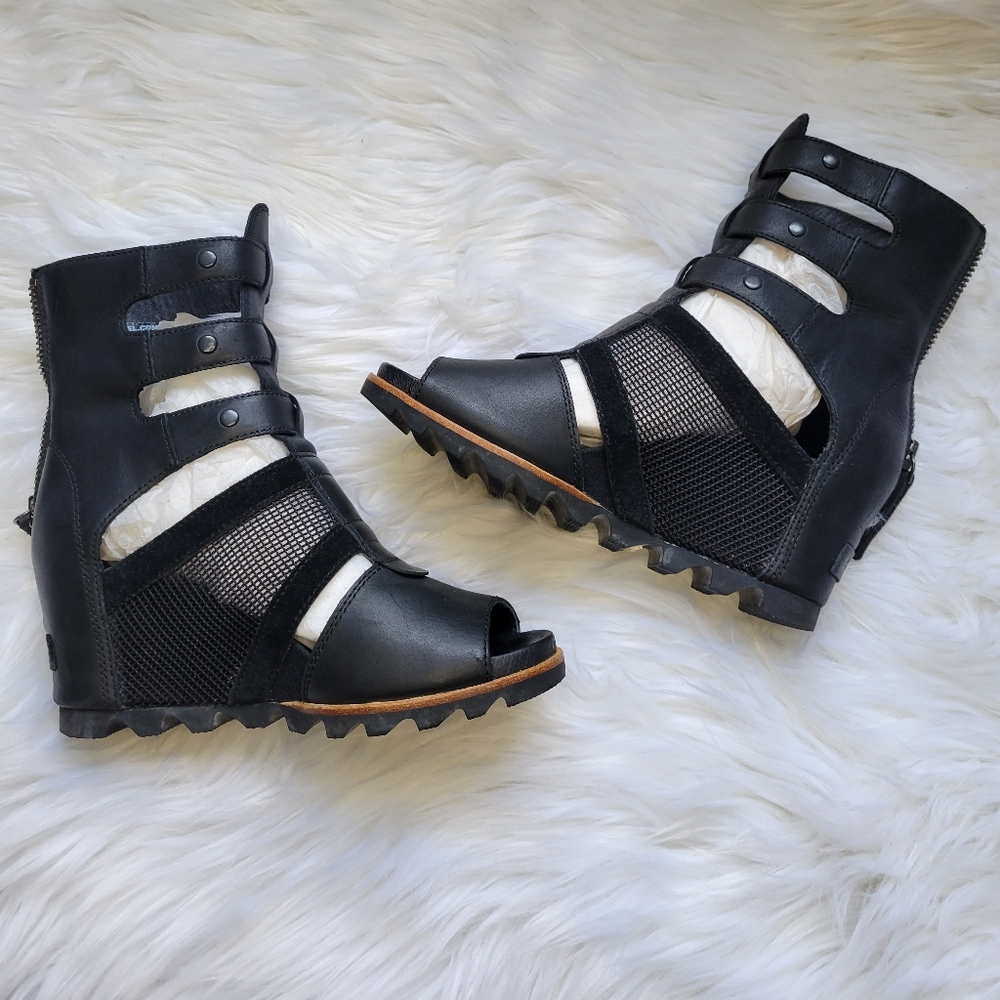 Sorel Womens Black Joanie Gladiator Sandal Boot Wedge Heel